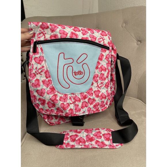 Totto Multicolor Pink Hearts Messenger Bag Shoulder Bag Blue Pink Travel School - Picture 1 of 6